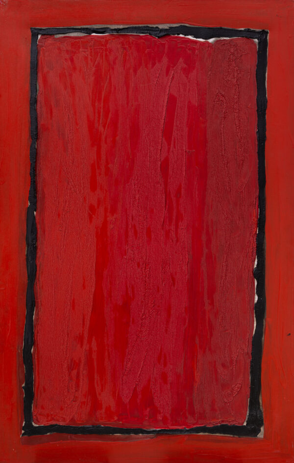 Obraz abstrakcyjny, czerwony, z czarnym prostokątem