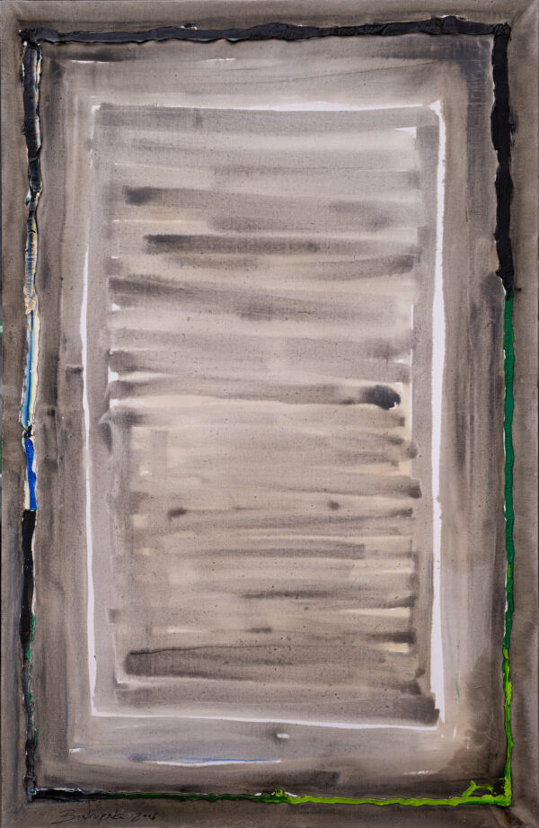 Obraz abstrakcyjny, szary z wielobarwnym prostokątem