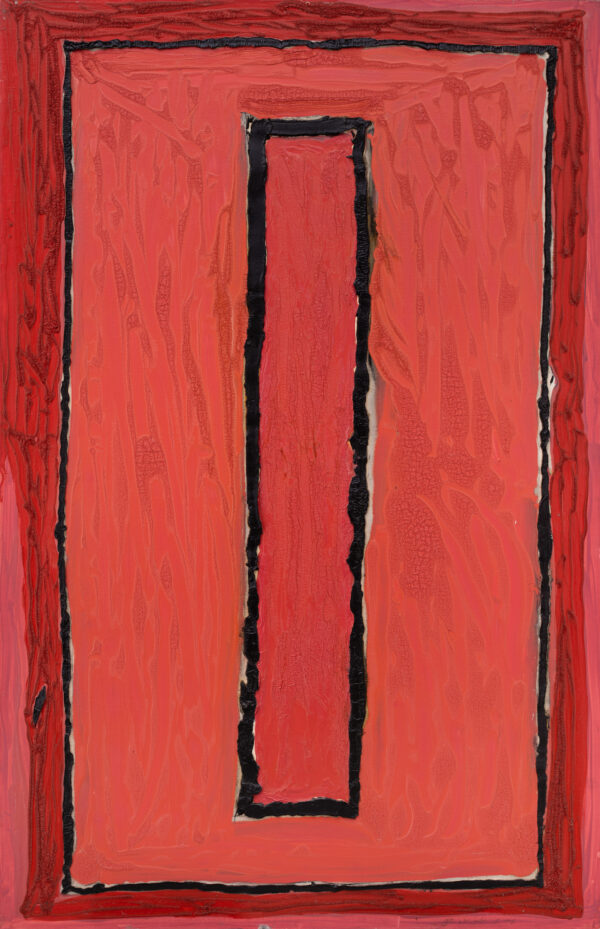 Obraz abstrakcyjny, czerwony z czarnymi prostokątami