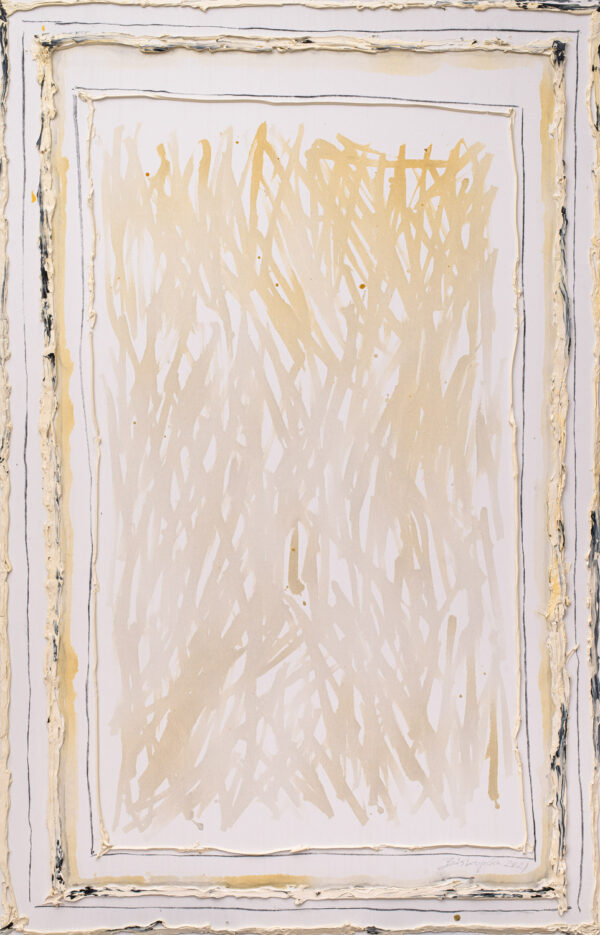 Obraz abstrakcyjny, biało-złoty z bordiurą