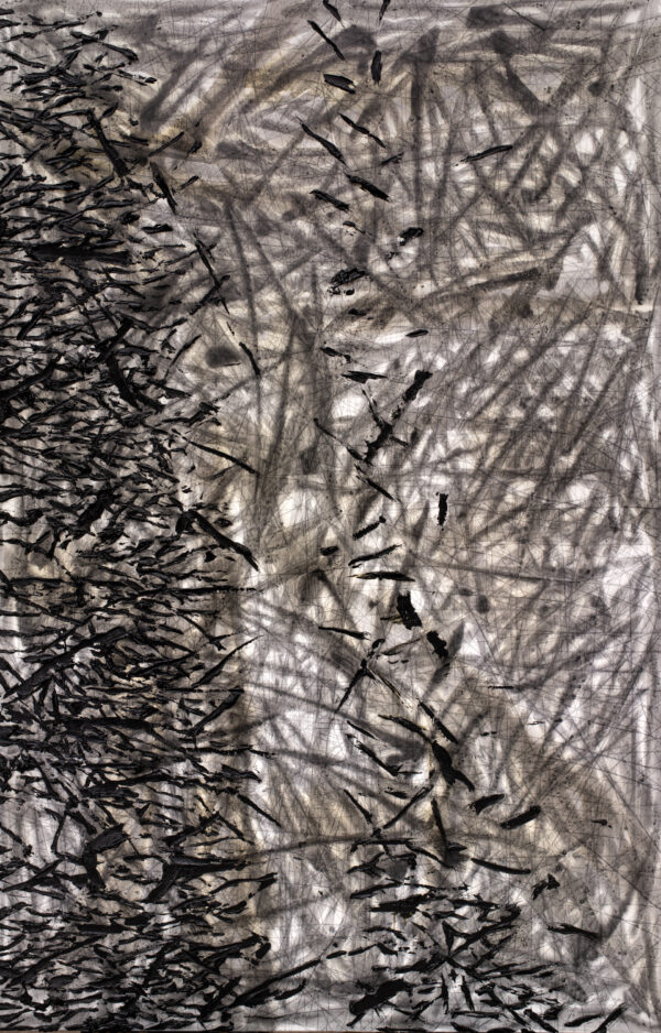 Obraz abstrakcyjny czarno-szary, z fakturą po lewej stronie