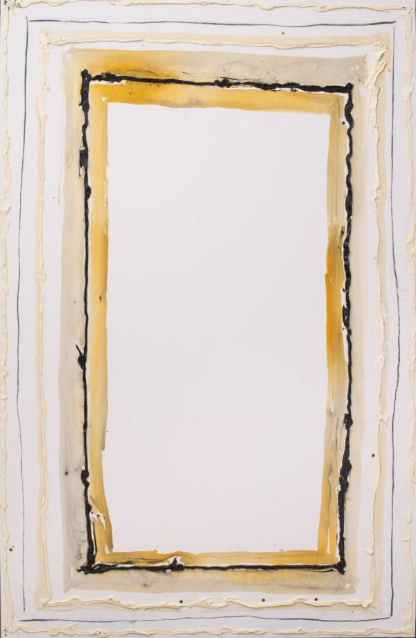 Obraz abstrakcyjny, biały, z czarnymi i złotymi prostokątami