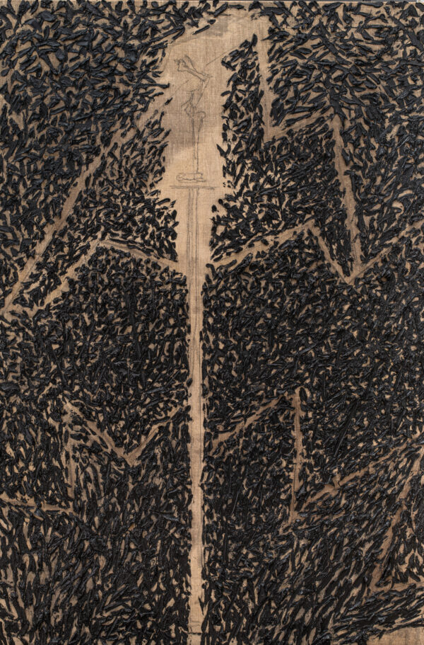 Obraz z figurą na cokole, czarna faktura