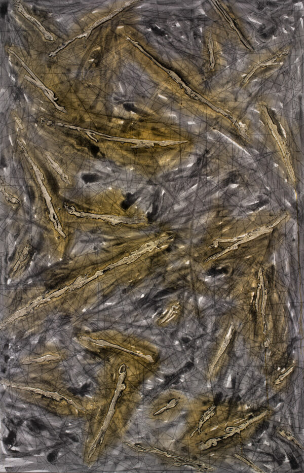 Obraz abstrakcyjny szary, fakturalny ze złotymi liniami