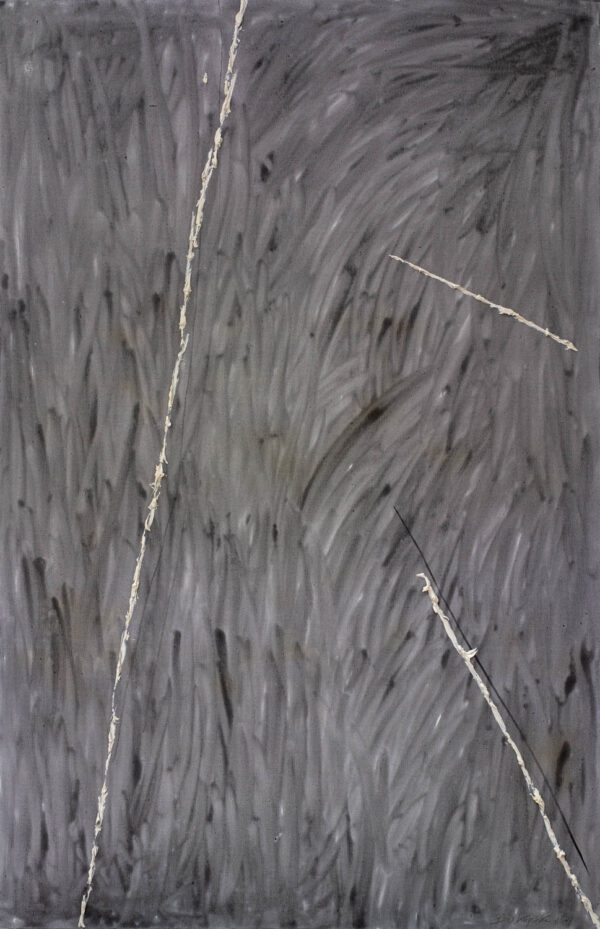 Obraz abstrakcyjny, szary, z trzema białymi liniami