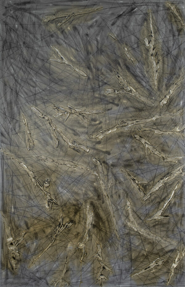 Obraz abstrakcyjny szary, fakturalny ze złotymi liniami