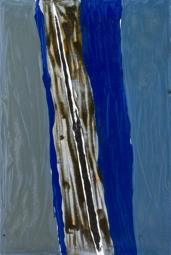 Obraz abstrakcyjny szaro-niebieski z diagonalną, czarną linią