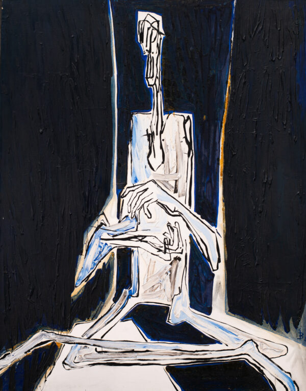 Obraz z białą figurą siedzącą, ciemno-granatowe tło