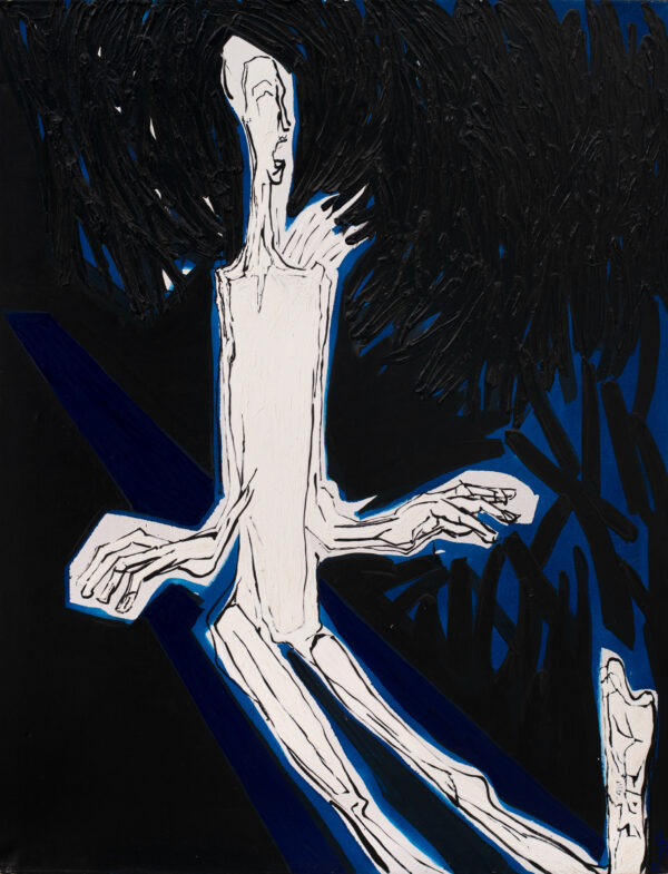 Obraz z białą figurą siedzącą, ciemno-granatowe tło