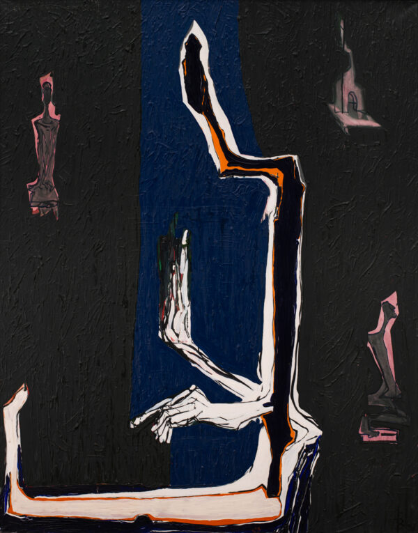 Obraz z figurą siedzącą bokiem, czarno-granatowe tło