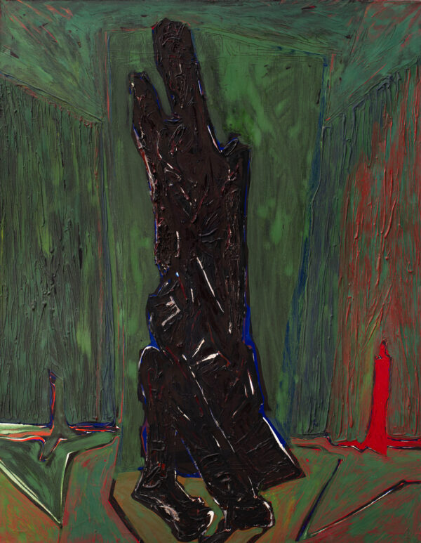 Obraz z ciemną, siedzącą figurą na zielonym, fakturalnym tle