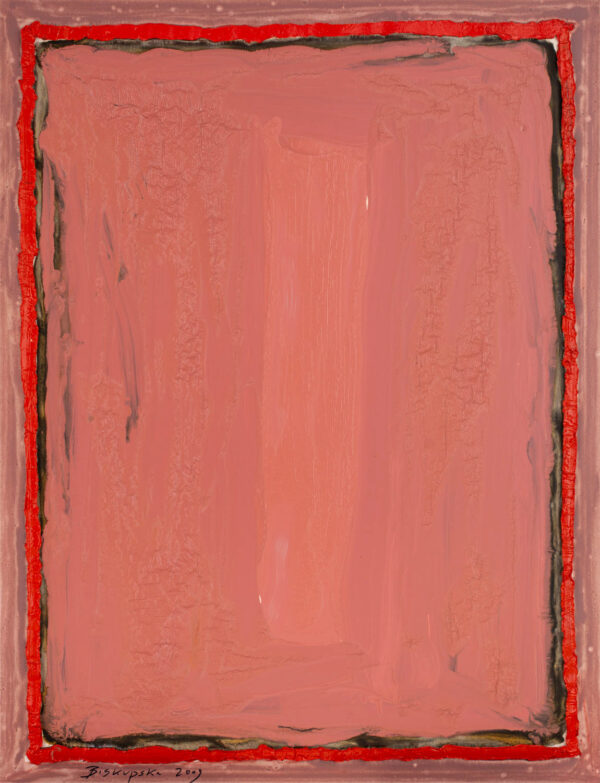 Obraz abstrakcyjny, różowo-fioletowy z czerwoną bordiurą