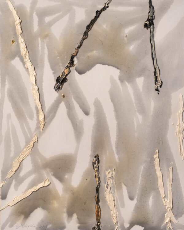 Obraz abstrakcyjny, szary, z białymi i czarnymi liniami, minimalistyczny