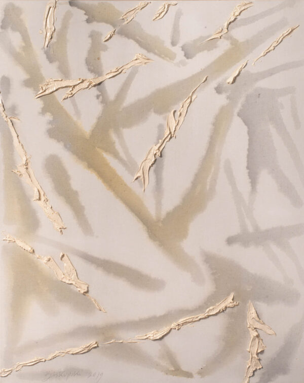 Obraz abstrakcyjny, jasny, z białymi liniami, minimalistyczny