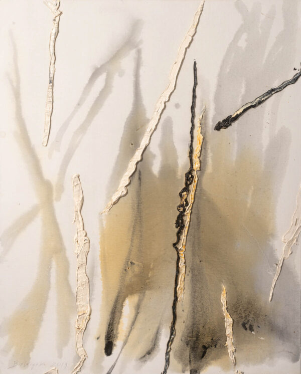 Obraz abstrakcyjny, szary, z białymi i czarnymi liniami, minimalistyczny