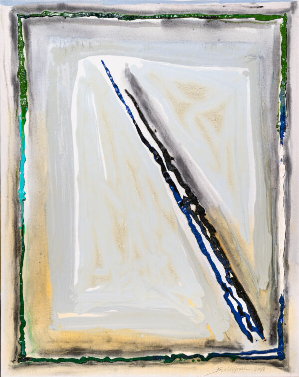 Obraz abstrakcyjny, z kolorową bordiurą i diagonalną linią