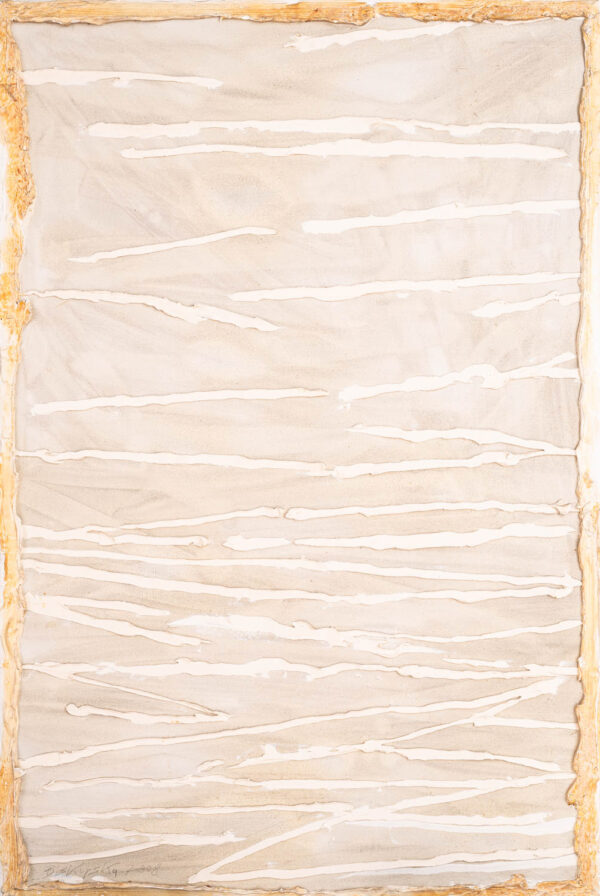 Obraz abstrakcyjny, biało-złocisty z poziomymi liniami