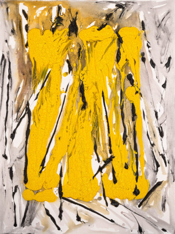 Obraz abstrakcyjny, żółto-biały z czarnymi liniami