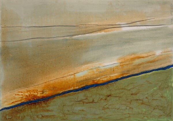 Obraz abstrakcyjny, zielono-ugrowy z niebieską linią