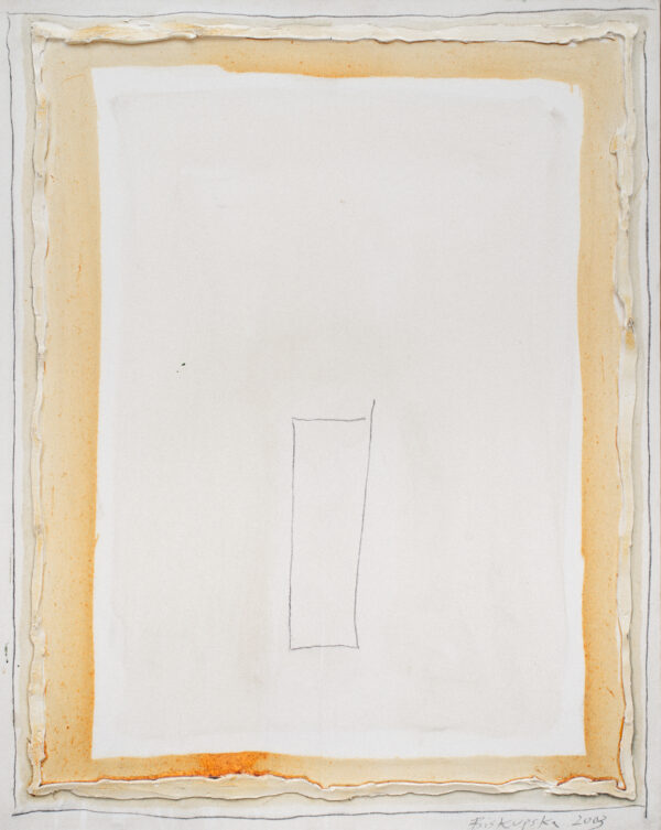 Obraz abstrakcyjny, biało-złoty z rysunkiem prostokąta, minimalistyczny