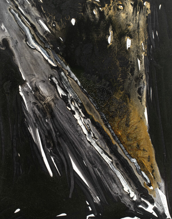 Obraz abstrakcyjny, czarno-szary ze złotą materią