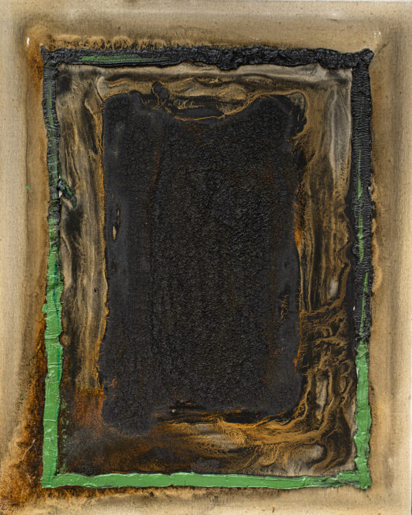 Obraz abstrakcyjny czarno-brunatny z kolorową bordiurą