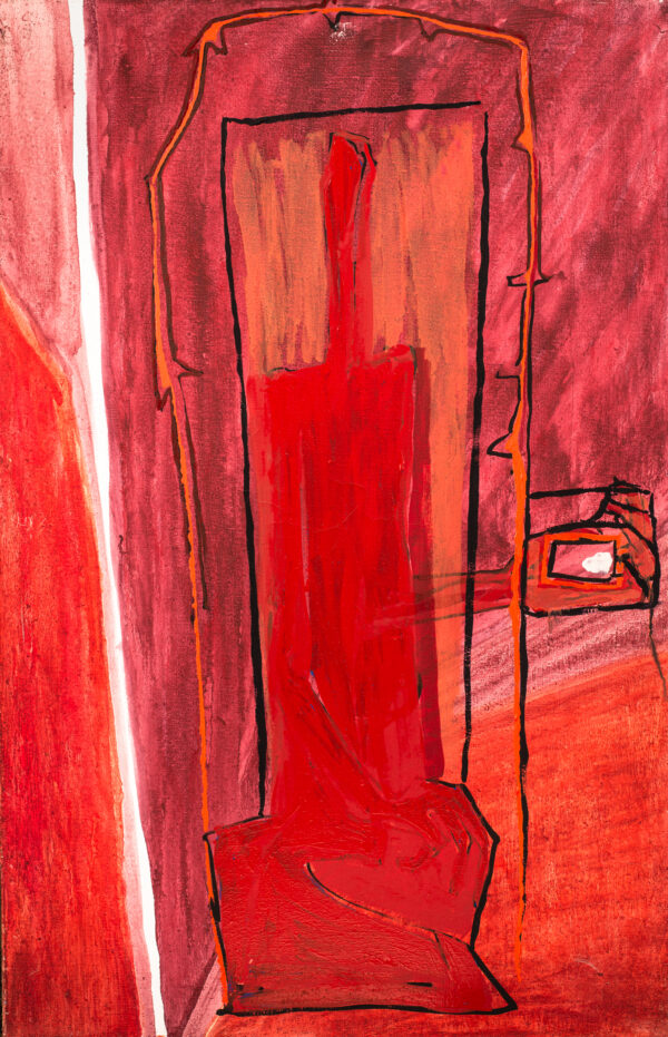 Obraz z figurą siedzącą w prostokącie, czerwono-pomarańczowy