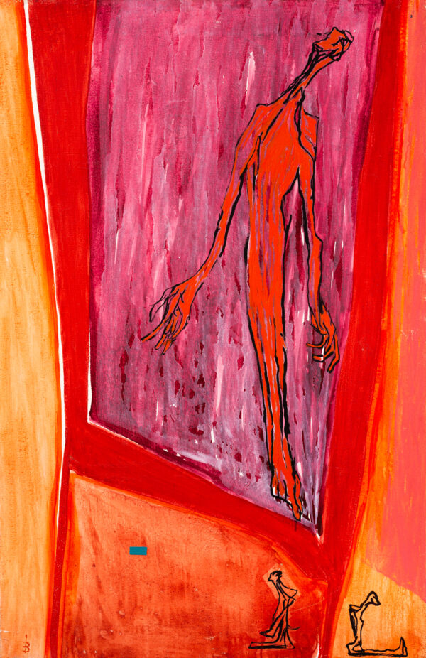 Obraz z unoszącą się figurą, czerwono-pomarańczowo-różowy