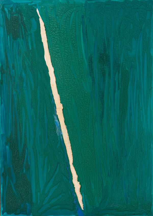 Obraz abstrakcyjny, turkusowo-zielony z białą diagonalną linią