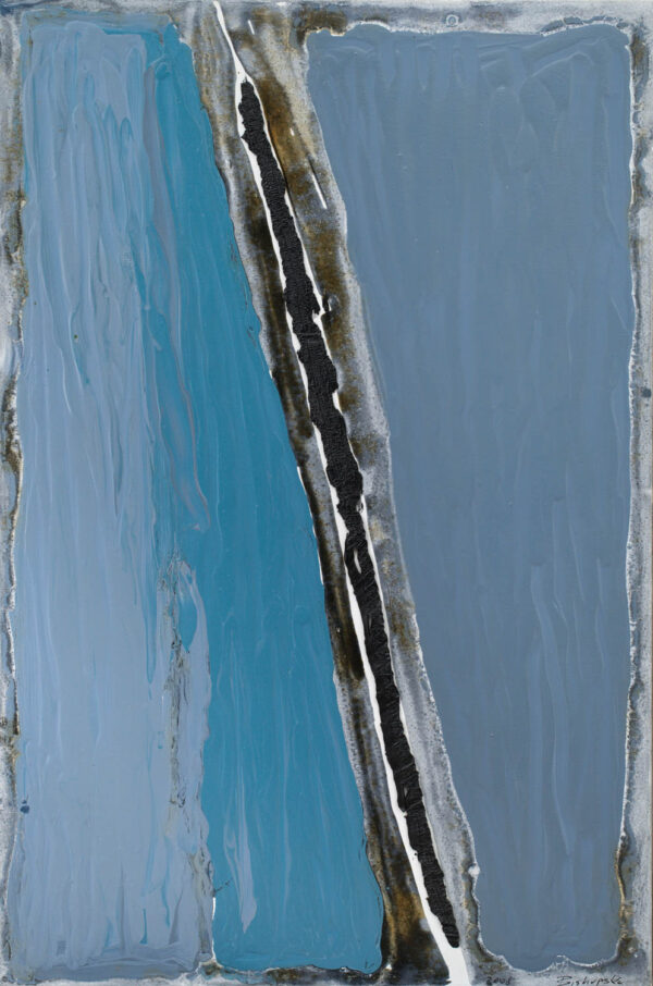 Obraz abstrakcyjny, niebiesko-szary z czarną diagonalną linią