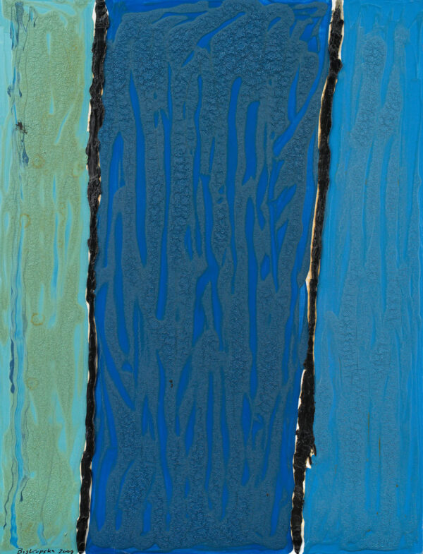 Obraz abstrakcyjny zielono-niebieski z diagonalnymi, czarnymi liniami