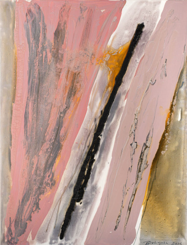 Obraz abstrakcyjny, różowo-fioletowy z czarną diagonalną linią