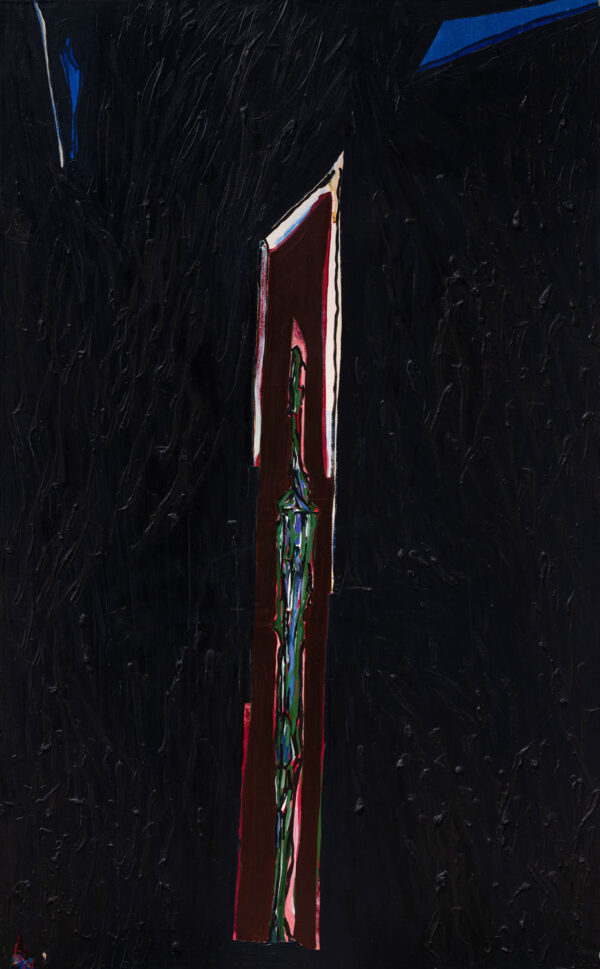 Obraz abstrakcyjny, z figurą w wąskim prostokącie na czarnym tle