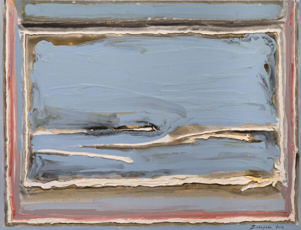 Obraz abstrakcyjny, niebiesko-różowy z dwoma prostokątami i czarno-białymi liniami