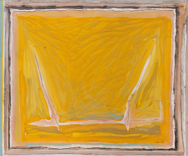 Obraz abstrakcyjny, żółty z biało-czarnym prostokątem i formą wewnątrz