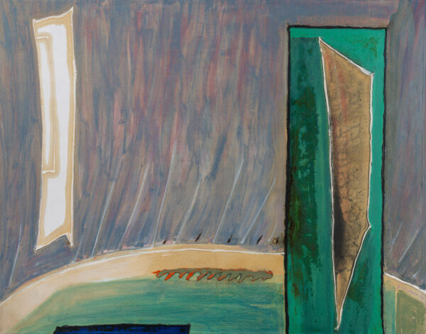 Obraz abstrakcyjny, z formami rombu i prostokąta na fioletowo-zielonym tle