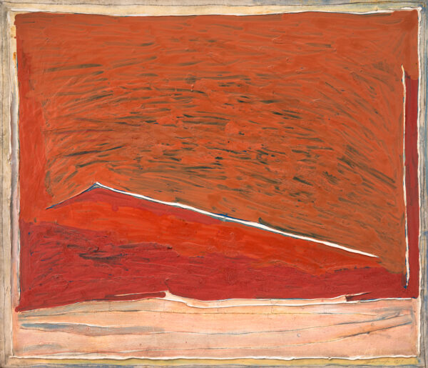 Obraz abstrakcyjny, pomarańczowo-czerwony z różowym akcentem i geometrycznymi liniami