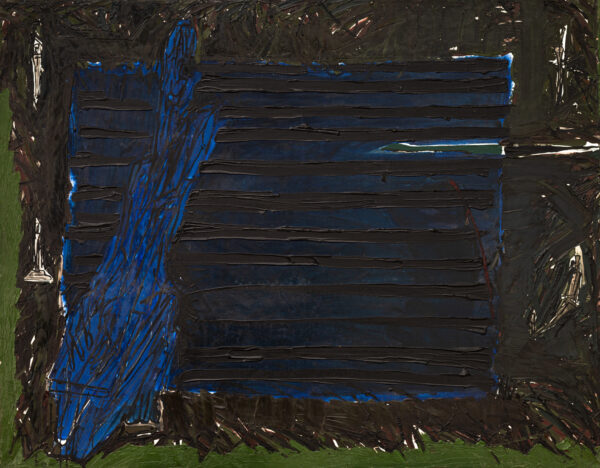 Obraz z figurą i klatką, granatowo-czarny, ciemny