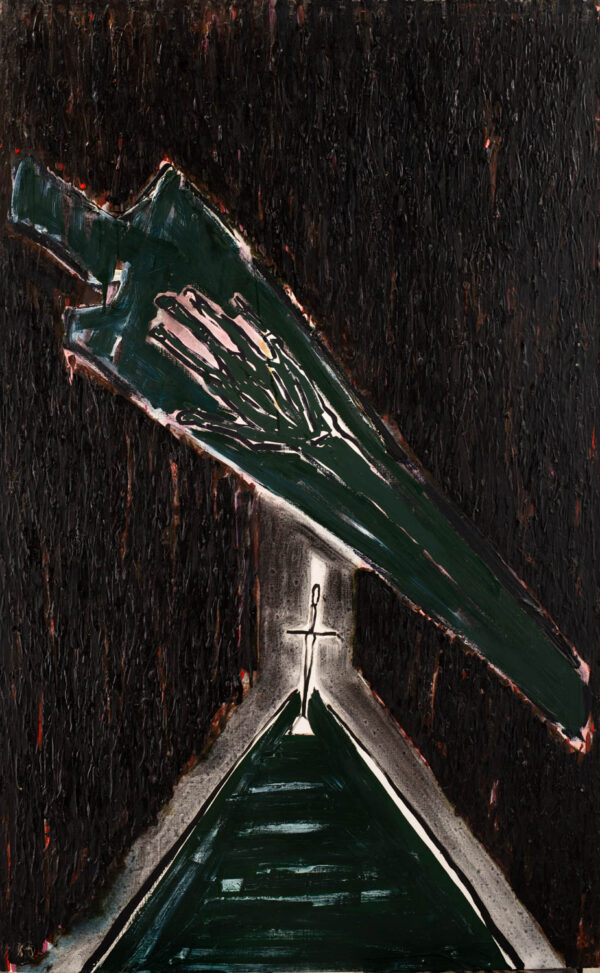 Obraz z figurą w tunelu i unoszącą się dłonią, ciemny