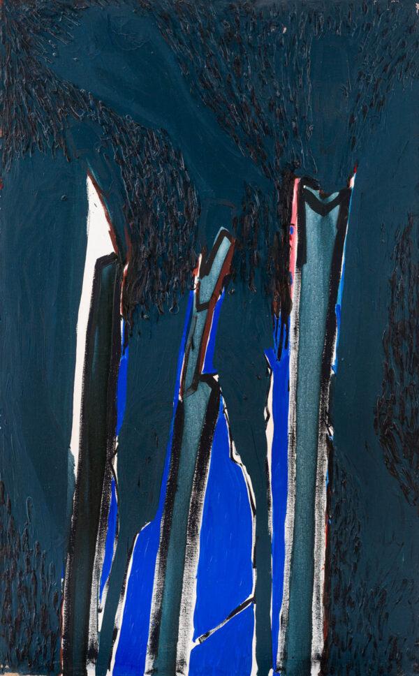 Obraz abstrakcyjny z trzema figurami na ciemnym tle