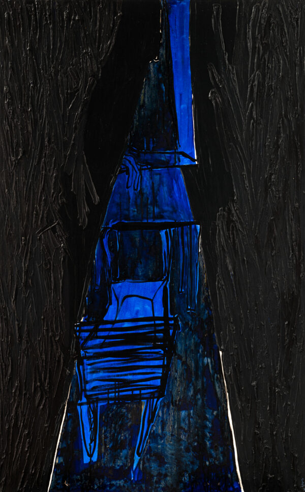 Obraz abstrakcyjny z niebieskim  tunelem na czarnym, fakturalnym tle