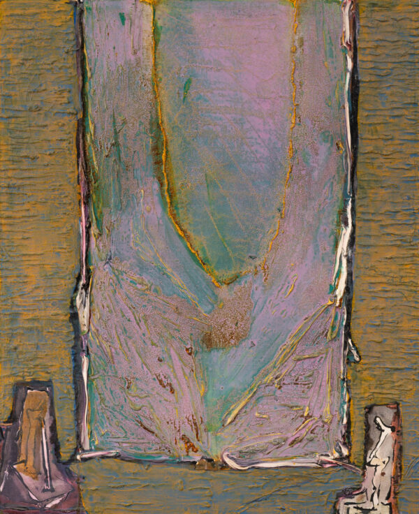 Obraz fakturalny z niewielką, stojącą figurą w rogu