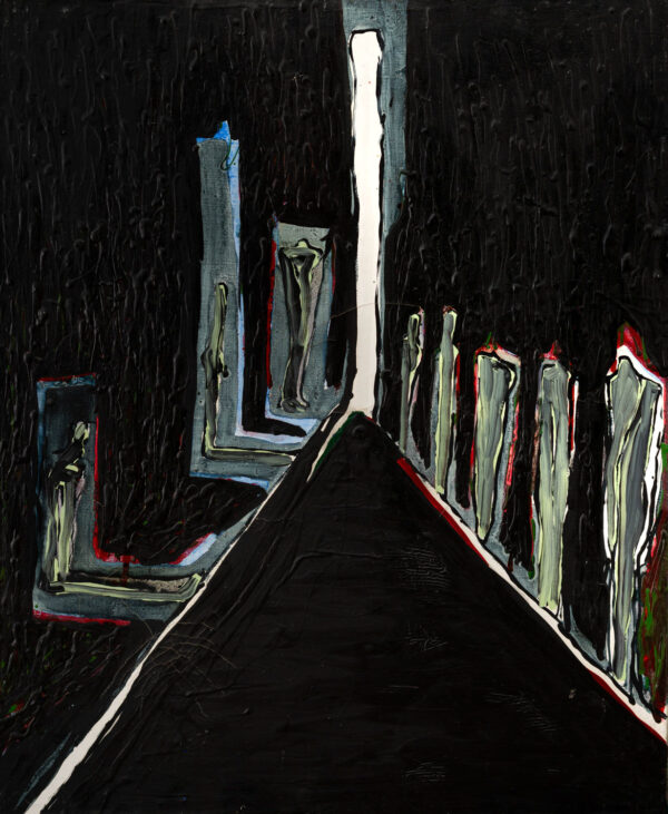 Obraz z figurami stojącymi lub siedzącymi przy ścianie tunelu