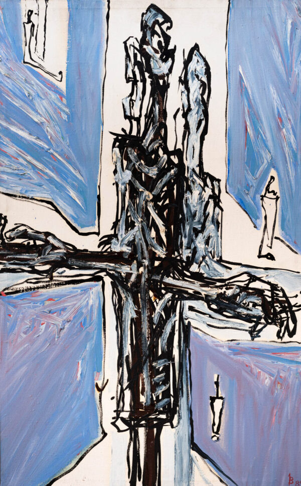 Obraz z figurą w kształcie krzyża na niebieskim tle