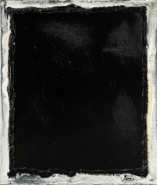 Obraz abstrakcyjny z czarnym prostokątem i białą bordiurą