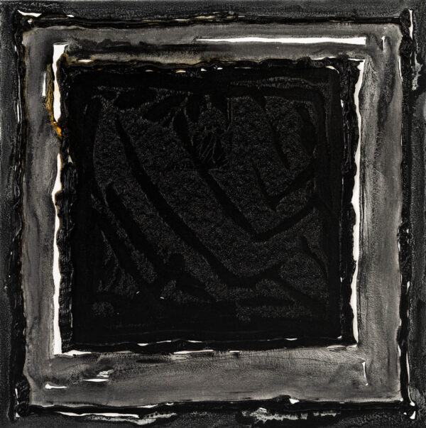 Obraz abstrakcyjny, czarny,  fakturalny z prostokątem i  bordiurą