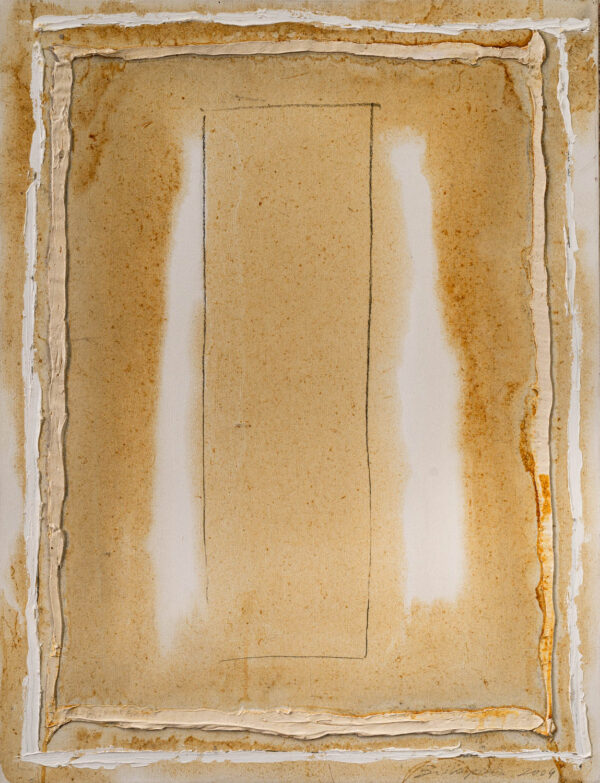 Obraz abstrakcyjny biało-złoty z prostokątem i bordiurą, minimalistyczny