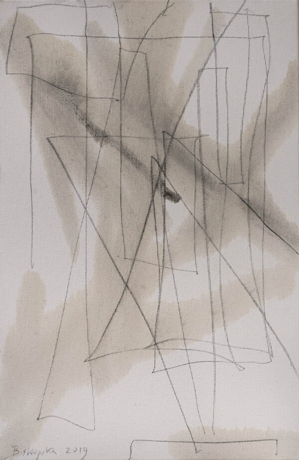 Obraz abstrakcyjny, z rysunkiem ołówkiem i olejem, minimalistyczny