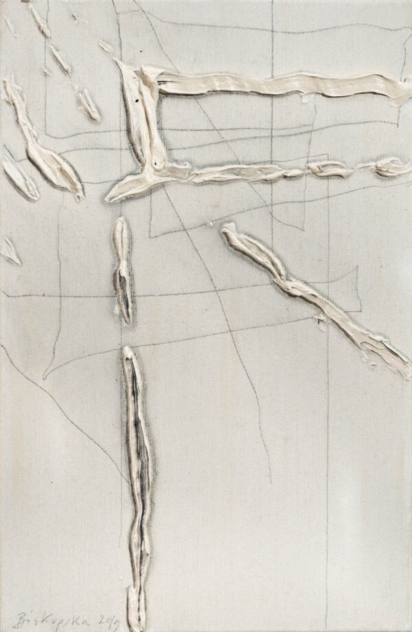 Obraz abstrakcyjny, z rysunkiem ołówkiem i olejem, minimalistyczny