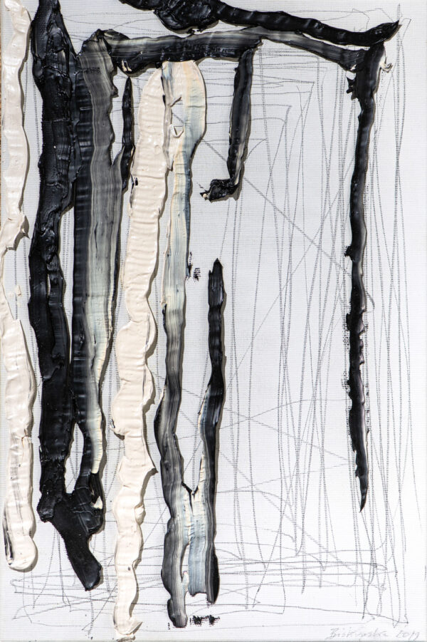 Obraz abstrakcyjny, czarno-biały, fakturalny, z rysunkiem ołówkiem